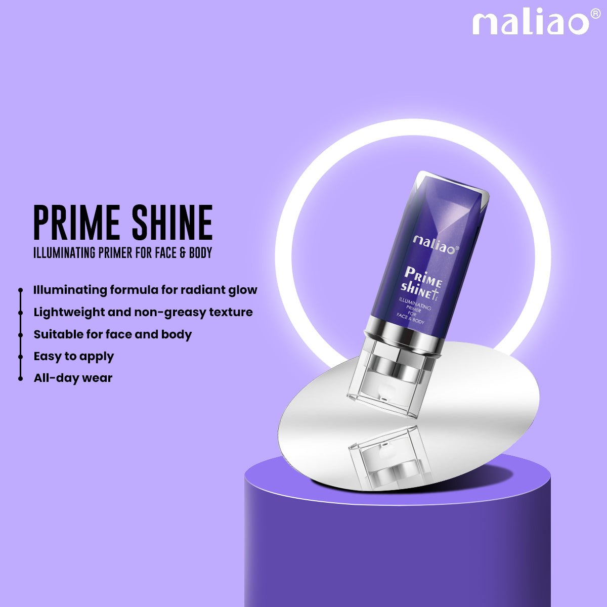 Maliao Prime Shine Illuminating Primer for Face & Body - Radiant Glow, Lightweight Formula, Non-Greasy Texture Face, Body